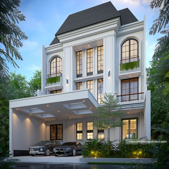 Desain Tampak Depan Rumah Klasik Modern 3 Lantai Bapak WLL di Tangerang