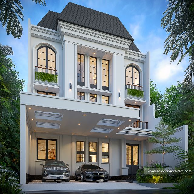 Desain Tampak Depan 2 Rumah Klasik Modern 3 Lantai Bapak WLL di Tangerang
