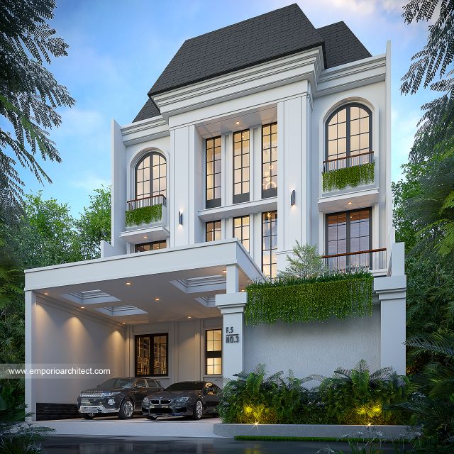 Desain Tampak Depan Dengan Pagar Rumah Klasik Modern 3 Lantai Bapak WLL di Tangerang