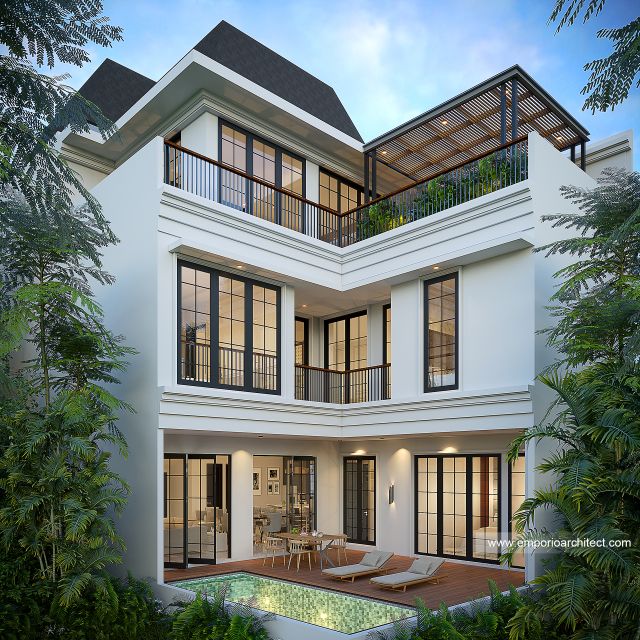 Desain Tampak Belakang Rumah Klasik Modern 3 Lantai Bapak WLL di Tangerang