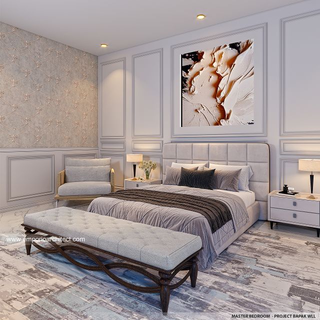 Desain Kamar Tidur Utama Rumah Klasik Modern 3 Lantai Bapak WLL di Tangerang