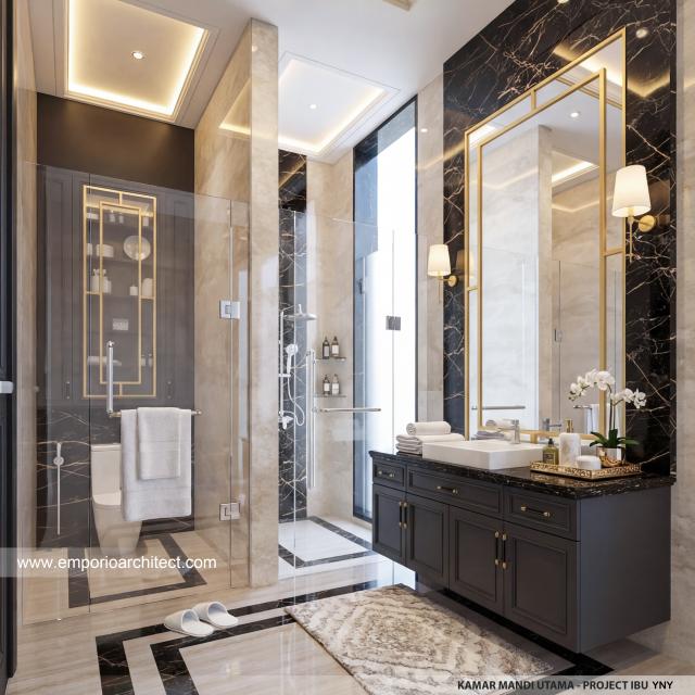 Desain Kamar Mandi Utama Rumah Klasik Modern 3 Lantai Ibu YNY di Jakarta