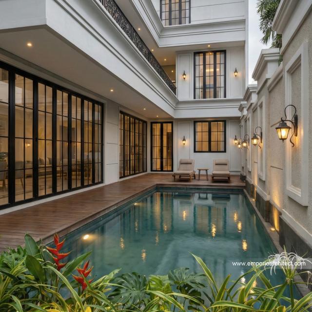 Desain Tampak Detail Belakang Rumah Klasik Modern 3 Lantai Ibu YNY di Jakarta