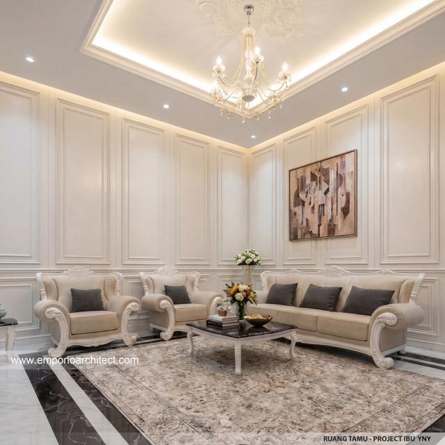 Desain Ruang Tamu Rumah Klasik Modern 3 Lantai Ibu YNY di Jakarta