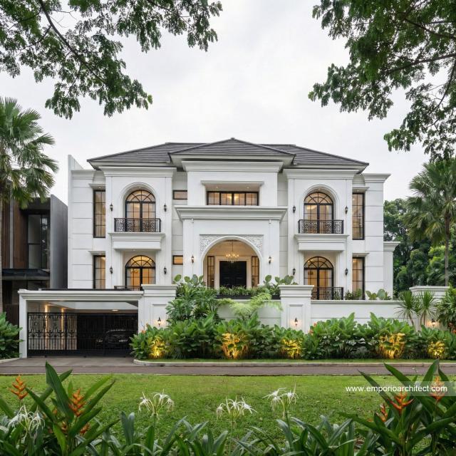 Desain Tampak Depan Rumah Klasik Modern 3 Lantai Ibu YNY di Jakarta