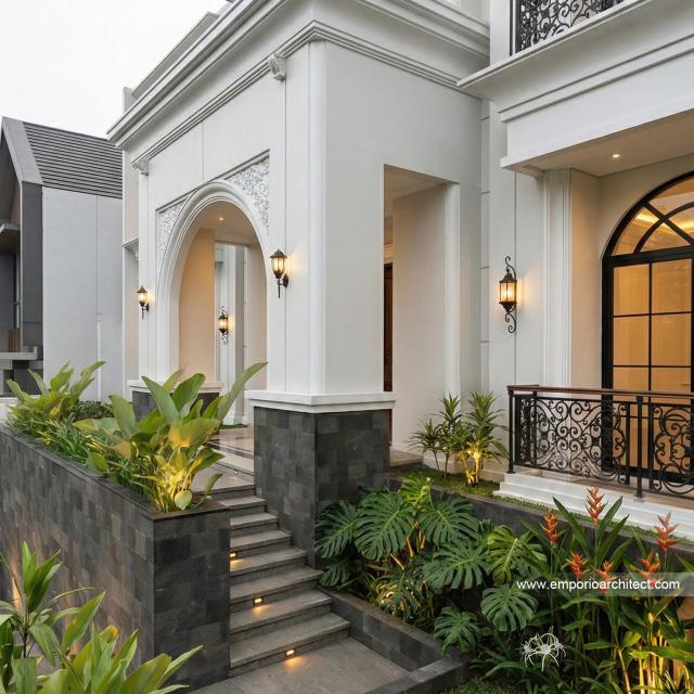Desain Tampak Detail Depan 3 Rumah Klasik Modern 3 Lantai Ibu YNY di Jakarta