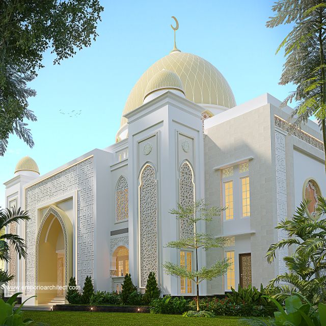 Desain Tampak Samping Kanan Masjid Modern Persian 2 Lantai Bapak AF di Bekasi