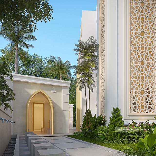 Desain Tampak Samping Kiri Masjid Modern Persian 2 Lantai Bapak AF di Bekasi