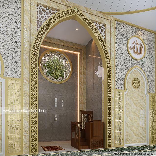 Desain Area Mimbar Masjid Modern Persian 2 Lantai Bapak AF di Bekasi