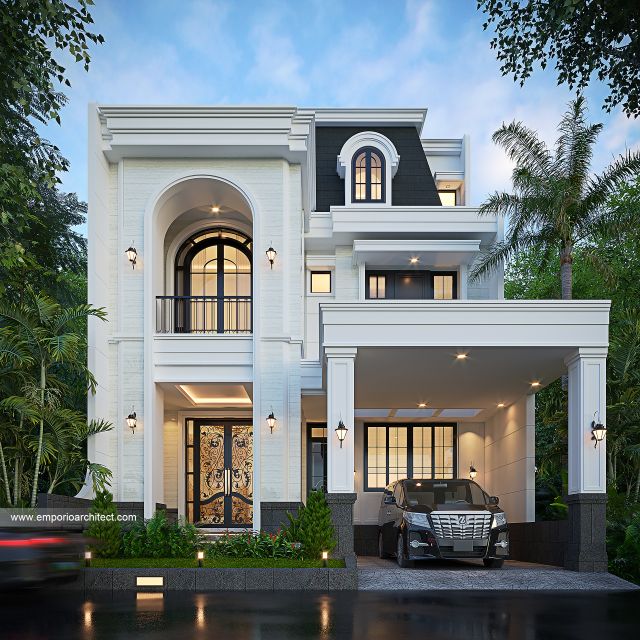 Desain Tampak Depan Rumah Mediteran Klasik 3 Lantai Bapak FCD di Jakarta Selatan