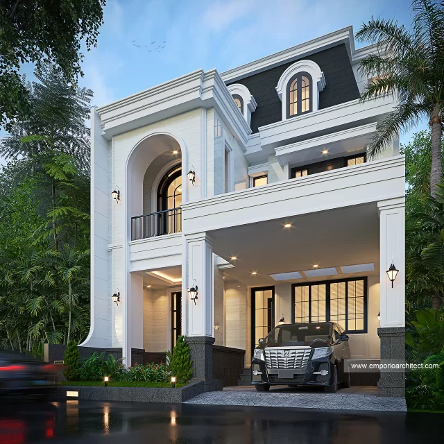 Desain Tampak Depan 2 Rumah Mediteran Klasik 3 Lantai Bapak FCD di Jakarta Selatan