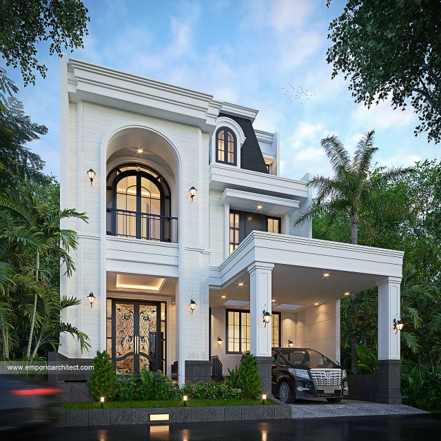 Desain Tampak Depan 3 Rumah Mediteran Klasik 3 Lantai Bapak FCD di Jakarta Selatan