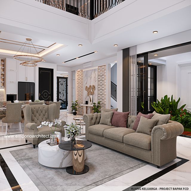 Desain Ruang Keluarga Rumah Mediteran Klasik 3 Lantai Bapak FCD di Jakarta Selatan
