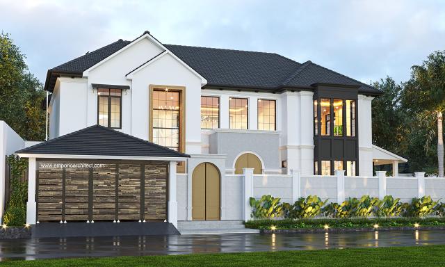Desain Tampak Depan Dengan Pagar Rumah American Style 2 Lantai Ibu PTC di Bogor, Jawa Barat