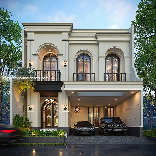Desain Tampak Depan Rumah Mediteran 2 Lantai Ibu FTM di Jakarta Timur