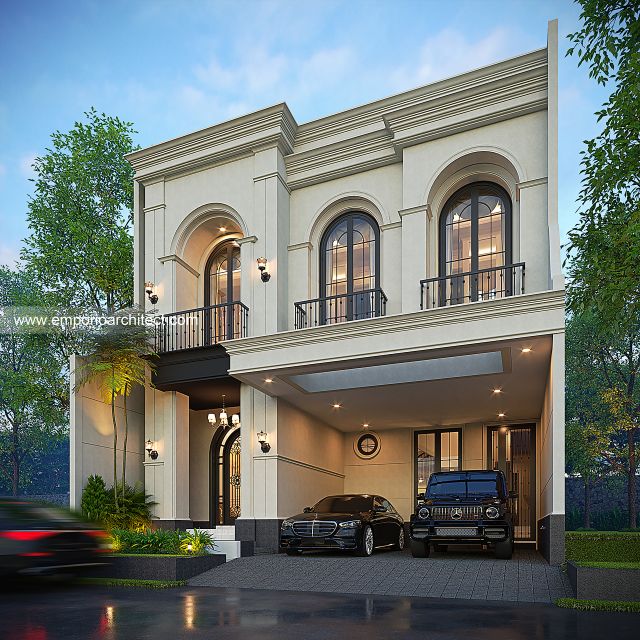 Desain Tampak Depan 2 Rumah Mediteran 2 Lantai Ibu FTM di Jakarta Timur