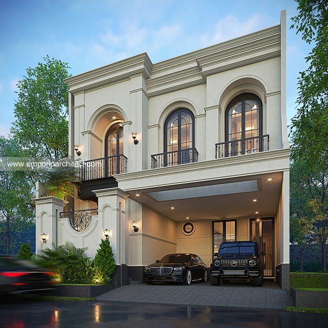 Desain Tampak Depan Dengan Pagar Rumah Mediteran 2 Lantai Ibu FTM di Jakarta Timur