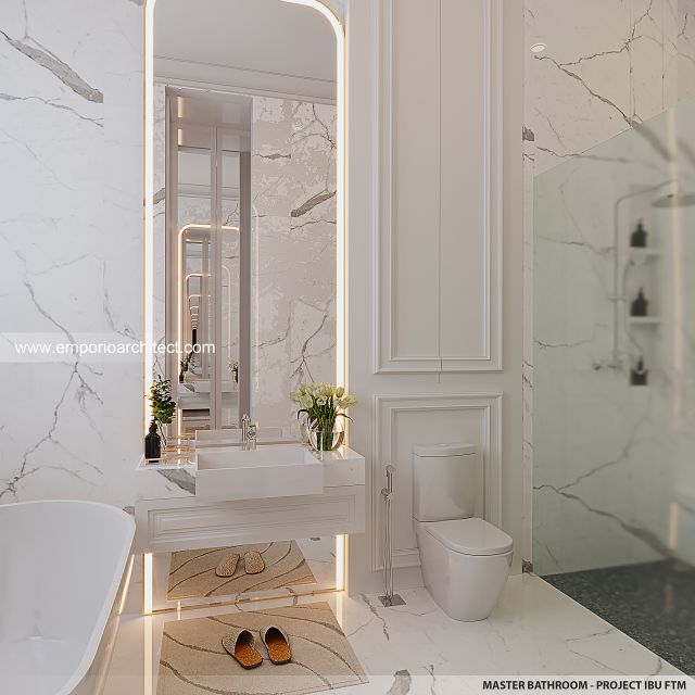 Desain Kamar Mandi Utama Rumah Mediteran 2 Lantai Ibu FTM di Jakarta Timur