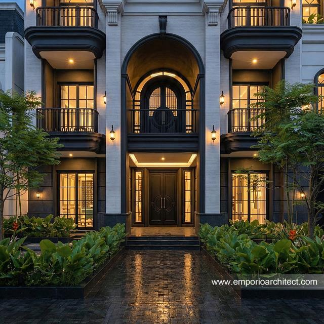 Desain Tampak Detail Depan Rumah Mediteran 3 Lantai Ibu MRN di Banjarmasin