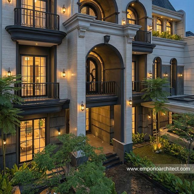 Desain Tampak Detail Depan 2 Rumah Mediteran 3 Lantai Ibu MRN di Banjarmasin