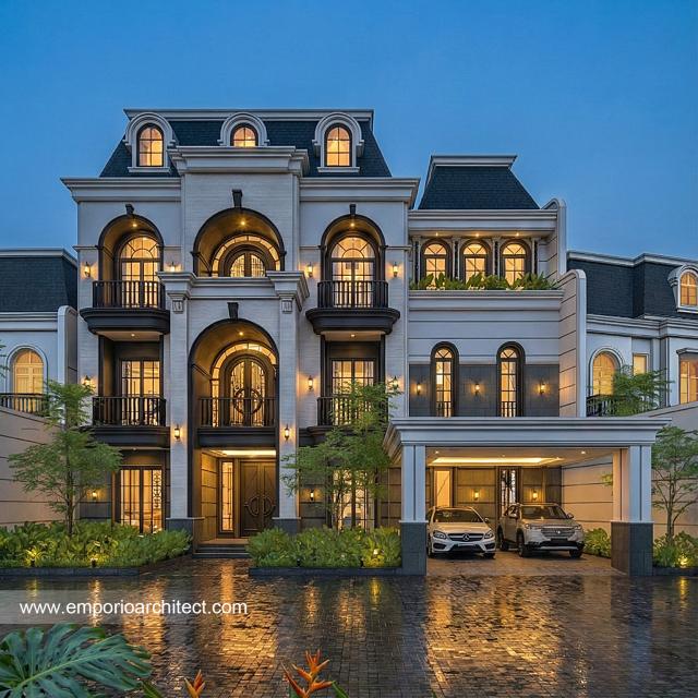 Desain Tampak Depan 2 Rumah Mediteran 3 Lantai Ibu MRN di Banjarmasin