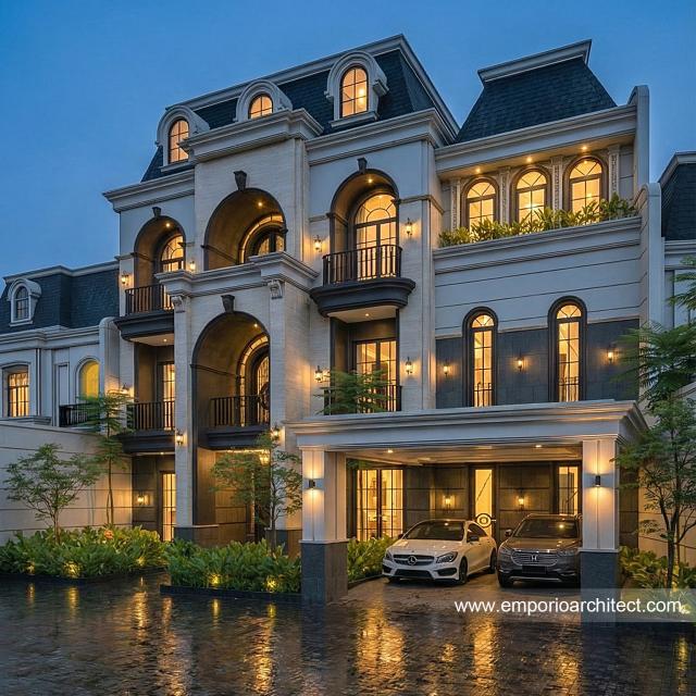 Desain Tampak Depan 3 Rumah Mediteran 3 Lantai Ibu MRN di Banjarmasin