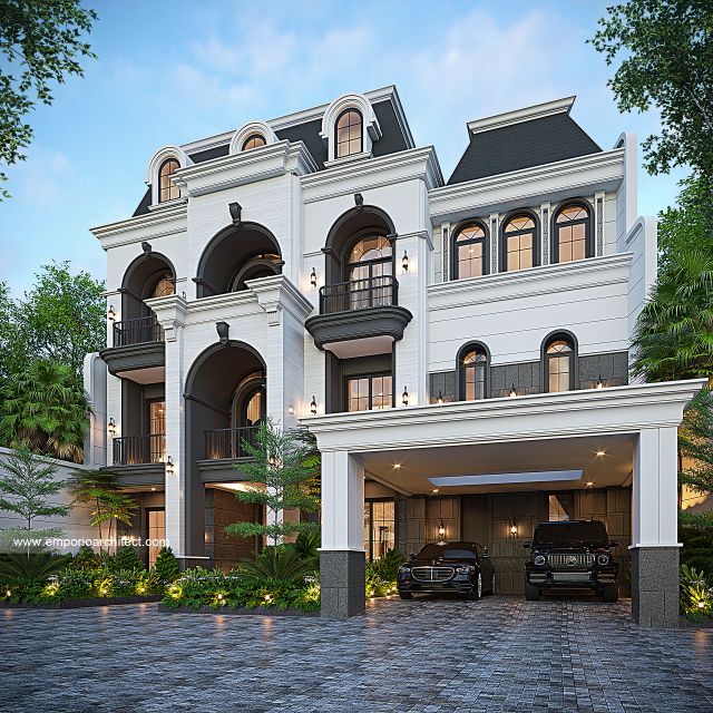 Desain Tampak Depan 2 Rumah Mediteran 3 Lantai Ibu MRN di Jakarta