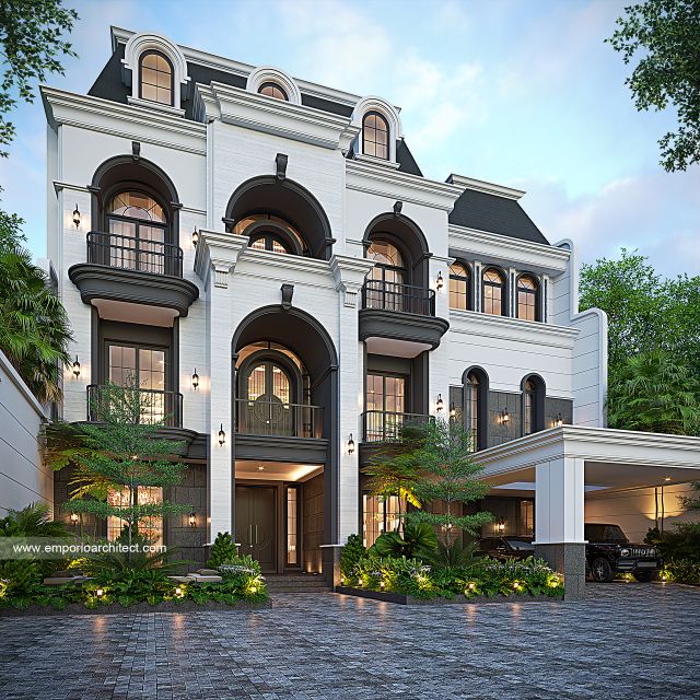 Desain Tampak Depan 3 Rumah Mediteran 3 Lantai Ibu MRN di Jakarta