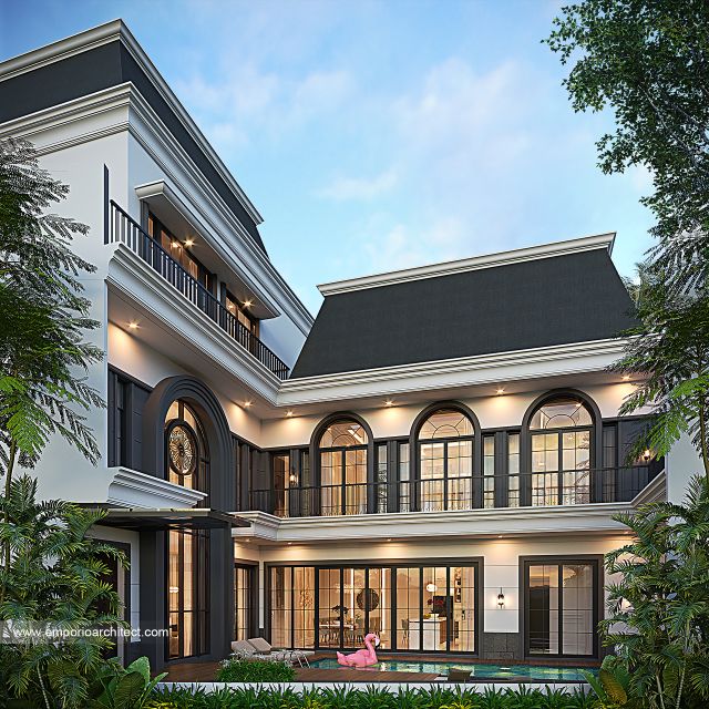 Desain Tampak Belakang Rumah Mediteran 3 Lantai Ibu MRN di Jakarta