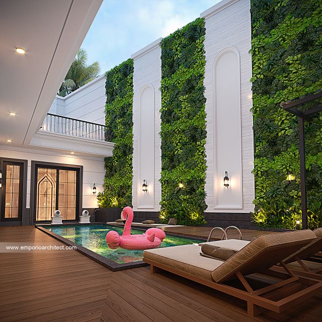 Desain Tampak Detail Belakang Rumah Mediteran 3 Lantai Ibu MRN di Jakarta