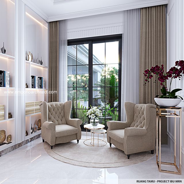Desain Ruang Tamu Rumah Mediteran 3 Lantai Ibu MRN di Jakarta