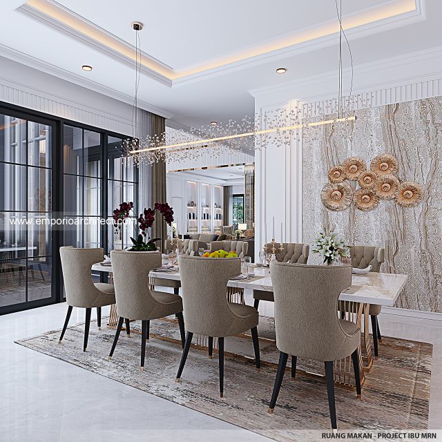 Desain Ruang Makan Rumah Mediteran 3 Lantai Ibu MRN di Jakarta