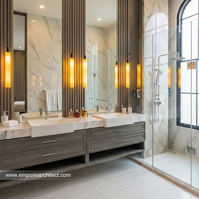 Desain Kamar Mandi Rumah Mediteran 3 Lantai Ibu MRN di Banjarmasin