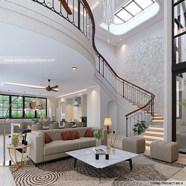 Desain Ruang Keluarga Rumah Mediteran 2 Lantai Ibu A di Tangerang