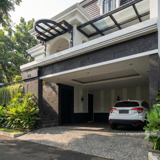 Desain Tampak Detail Depan Rumah Mediteran 3 Lantai Ibu NV di Sidoarjo, Jawa Timur