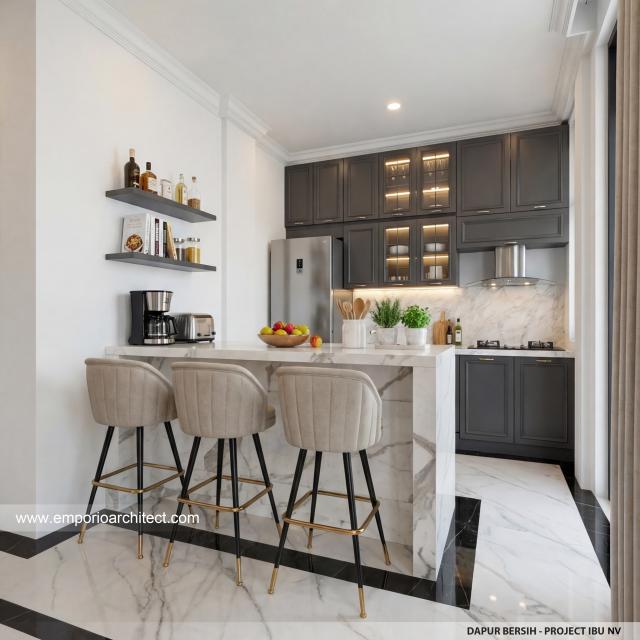 Desain Dapur Bersih Rumah Mediteran 3 Lantai Ibu NV di Sidoarjo, Jawa Timur