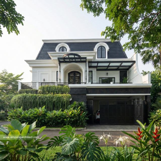 Desain Tampak Depan Rumah Mediteran 3 Lantai Ibu NV di Sidoarjo, Jawa Timur