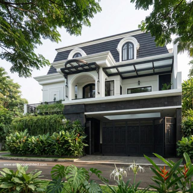 Desain Tampak Depan 2 Rumah Mediteran 3 Lantai Ibu NV di Sidoarjo, Jawa Timur