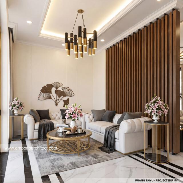 Desain Ruang Tamu Rumah Mediteran 3 Lantai Ibu NV di Sidoarjo, Jawa Timur
