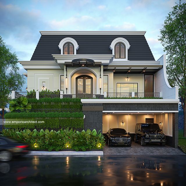 Desain Tampak Depan 2 Rumah Mediteran 3 Lantai Ibu NV di Sidoarjo, Jawa Timur