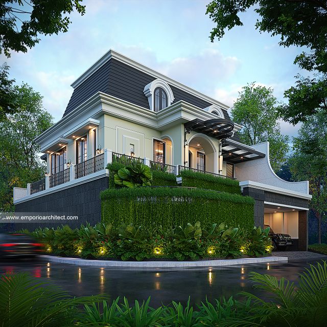 Desain Tampak Hook Rumah Mediteran 3 Lantai Ibu NV di Sidoarjo, Jawa Timur