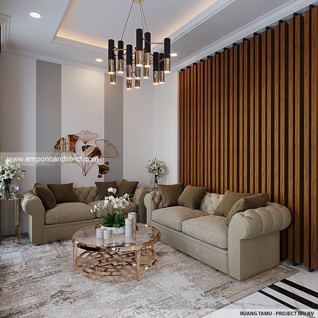 Desain Ruang Tamu Rumah Mediteran 3 Lantai Ibu NV di Sidoarjo, Jawa Timur