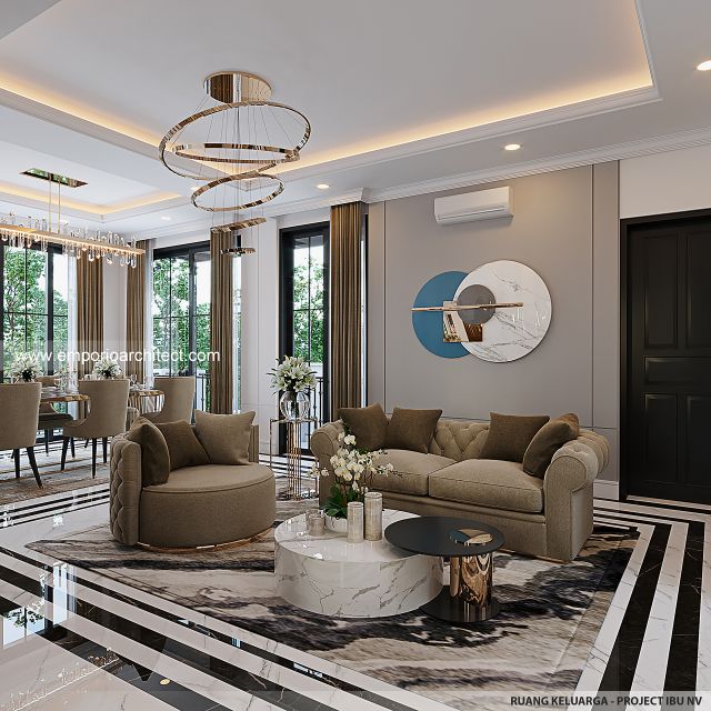 Desain Ruang Keluarga Rumah Mediteran 3 Lantai Ibu NV di Sidoarjo, Jawa Timur