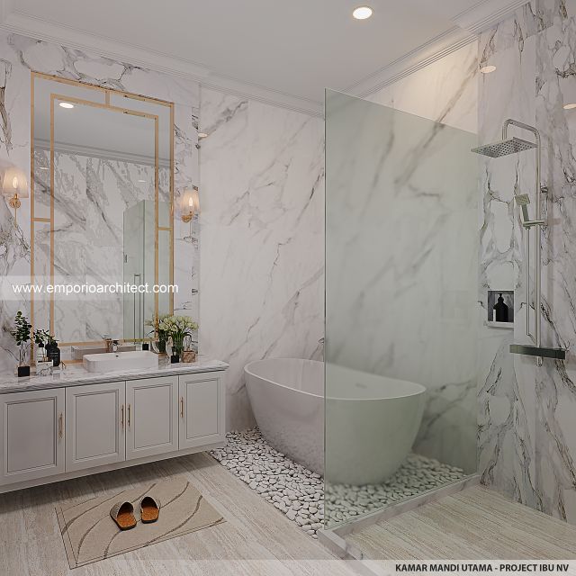 Desain Kamar Mandi Utama Rumah Mediteran 3 Lantai Ibu NV di Sidoarjo, Jawa Timur