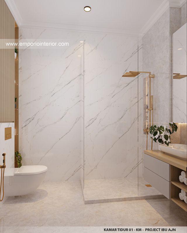 Desain Kamar Mandi 1 Rumah Mediteran 3 Lantai Ibu AJN 1916 di Makassar
