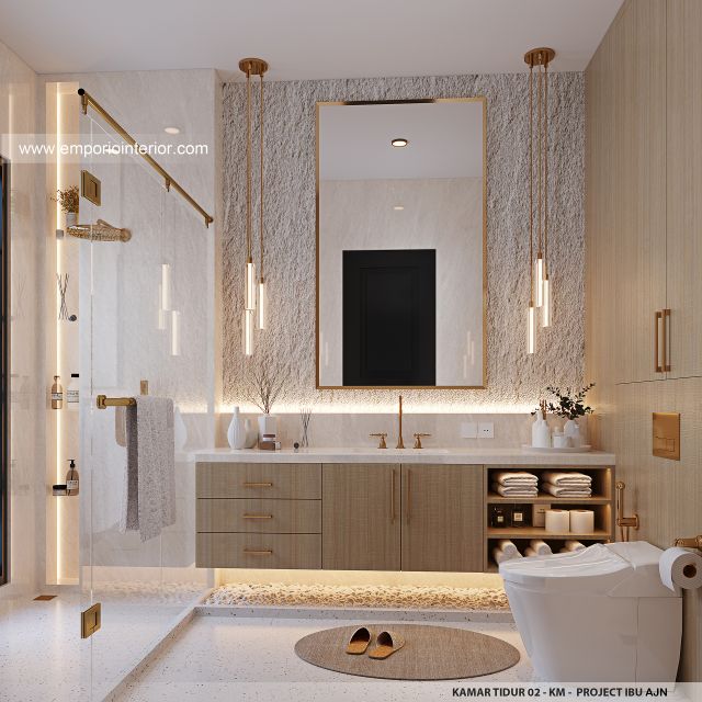 Desain Kamar Mandi 2 Rumah Mediteran 3 Lantai Ibu AJN 1916 di Makassar