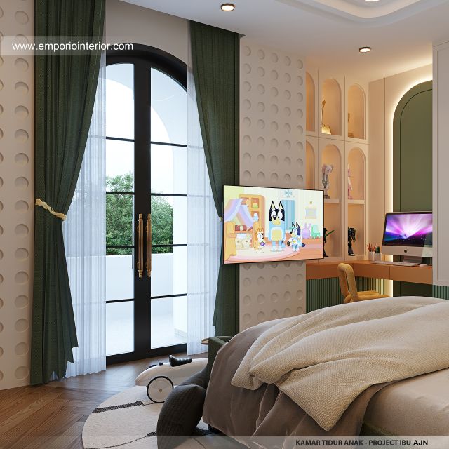 Desain Kamar Tidur Anak Rumah Mediteran 3 Lantai Ibu AJN 1916 di Makassar
