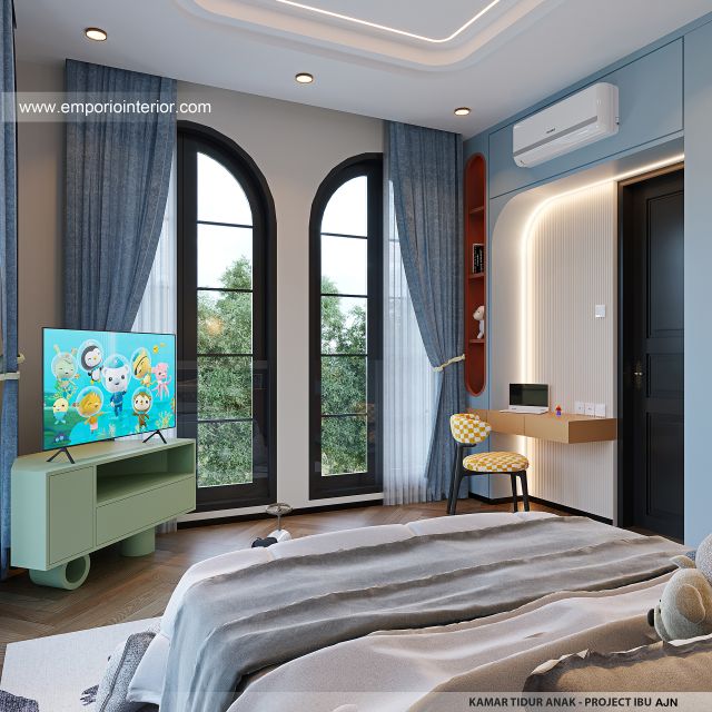 Desain Kamar Tidur Anak Rumah Mediteran 3 Lantai Ibu AJN 1916 di Makassar