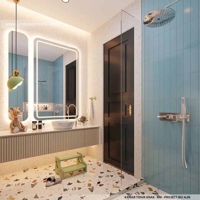 Desain Kamar Mandi Anak Rumah Mediteran 3 Lantai Ibu AJN 1916 di Makassar