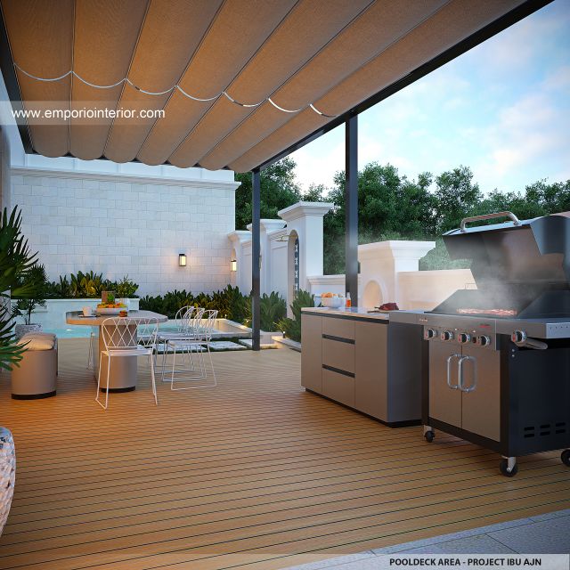 Desain Pooldeck Area Rumah Mediteran 3 Lantai Ibu AJN 1916 di Makassar